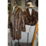 A LONG BROWN FUR COAT, with 'Victor Sequall Limited' label (quite stiff), two fur stoles (one is