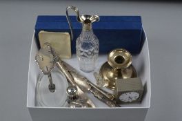 A MIXED BOX OF SILVER, including dwarf candlesticks, knives, condiments etc