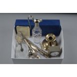 A MIXED BOX OF SILVER, including dwarf candlesticks, knives, condiments etc