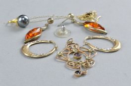 A MIXED LOT OF 9CT AND OTHER JEWELLERY, including earrings, pendant, etc