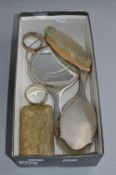 A BOX OF VARIOUS SILVER ITEMS, including mirror, brushes, napkin rings, etc