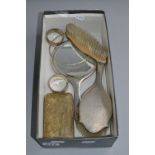 A BOX OF VARIOUS SILVER ITEMS, including mirror, brushes, napkin rings, etc