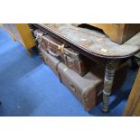 A TRAVELLING TRUNK, smaller travelling suitcase and three various reeded boxes (5)