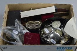 A BOX OF MISCELLANEOUS to include a number of various wrist and pocket watches, silver bangle,