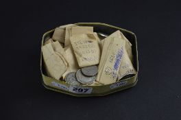 A TIN OF MIXED PRE 1947 COINS, etc