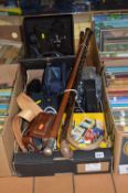 A BOX AND LOOSE CAMERAS, PROJECTORS, WALKING STICKS ETC, to include Zeiss Ikon 'Mouikon 8'
