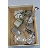 A BOX OF VARIOUS SILVER AND PLATE, to include silver Porringer cigarette case, etc, also a Garrard