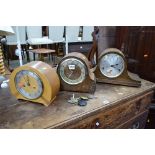 TWO OAK CASED MANTLE CLOCKS, and a walnut Smiths mantle clock (three pendulums and three winding