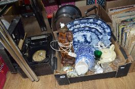 TWO BOXES AND LOOSE CERAMICS, METALWARE, ETC, to include gent's travelling dressing case, Bourdon'