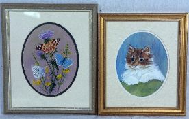 FREEDA GREEN, 'BUTTERFLIES AND PUSSYCAT', two original watercolour paintings, both signed, mounted