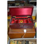 A HUMIDOR AND A LATE VICTORIAN JEWELLERY BOX, with mauchline pin cushion