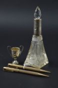 A MIXED LOT, to include two rolled gold pencils, miniature silver trophy and a silver rimmed scent