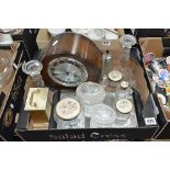 A GLASS DRESSING TABLE SET, two clocks and other glass (small box)