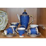 A SPODE 'RYDE' COFFEE SET, blue and gilt detail, comprising coffee pot, cream jug, sugar bowl and