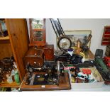 A FEDERATION TABLE TOP SEWING MACHINE, together with two boxes of sundries, wall clock, barometer,