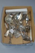 A BOX OF MIXED SILVER, including spoons, forks, caddy spoons etc
