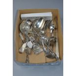 A BOX OF MIXED SILVER, including spoons, forks, caddy spoons etc