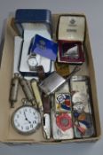 A MIXED BOX OF MISCELLANEOUS, to include a City whistle and a Arthur Ward whistle, watches,