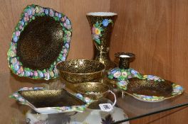 A 1930'S TUSCAN CHINA 'PLANT' DRESSING TABLE ITEMS, comprising oval dish, candlestick, vase and four