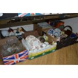 SEVEN BOXES AND LOOSE CERAMICS, GLASS, RECORDS, SUNDRIES, ETC, to include small doll's house,