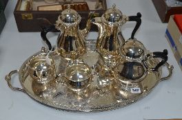 A FIVE PIECE SILVER PLATED MAPPIN & WEBB COFFEE SET, on a cavalier plated tray