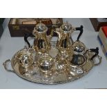 A FIVE PIECE SILVER PLATED MAPPIN & WEBB COFFEE SET, on a cavalier plated tray