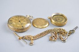 A DISTRESSED 14K POCKET WATCH (PLATED DUSTCOVER), approximate weight 63.3 gram together with a