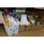 FOUR BOXES OF SUNDRIES, to include bedding (unopened), pictures, shades, scales, clocks, fans,