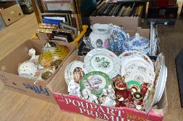 FOUR BOXES AND LOOSE CERAMICS, GLASS, PICTURE FRAMES, TABLE LAMP ETC,
