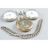 THREE POCKET WATCHES WITH A SILVER ALBERT CHAIN, approximate weight 30.0 grams