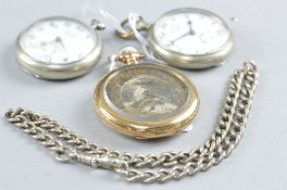 THREE POCKET WATCHES WITH A SILVER ALBERT CHAIN, approximate weight 30.0 grams