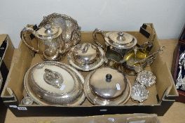 A BOX OF VARIOUS PLATEDWARE, including teapots, coffee pot, muffin dishes, etc