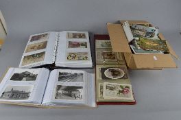 THREE ALBUMS AND ONE BOX OF VINTAGE AND MODERN POSTCARDS AND PHOTOGRAPHS, many from the Victorian/