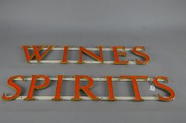 A PAIR OF WALL MOUNTED WINES AND SPIRITS SIGNS, individual brass letters with orange enamelling