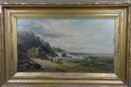 WILLIAM E. ELLIS (BRITISH 19TH CENTURY), Near Clovelly, fisherman pulling nets in from a rough