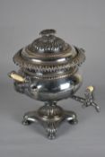 A VICTORIAN SILVER PLATED SAMOVAR, with two scrolling cast side handles and centrally fitted with