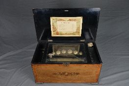 A LATE 19TH CENTURY SWISS TABLE TOP MUSIC BOX, the 33cm/13 inch cylinder playing twelve airs on