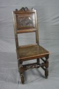 A LATE 17TH/EARLY 18TH CENTURY AND LATER OAK JOINTED BACK STOOL, the back with scrolled top rail