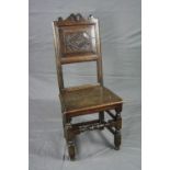 A LATE 17TH/EARLY 18TH CENTURY AND LATER OAK JOINTED BACK STOOL, the back with scrolled top rail