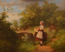 ATTRIBUTED TO WILLIAM W. GILL (BRITISH 19TH CENTURY), a scene near Wenlock, girl resting a basket of