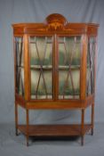 AN EDWARDIAN MAHOGANY AND INLAID DISPLAY CABINET, of triangular form, the cornice with central