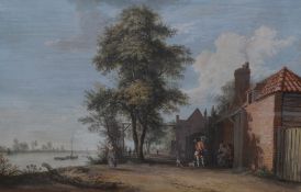 PAUL SANDBY (BRITISH 1730-1809), a soldier and other figures outside an inn beside the Thames,