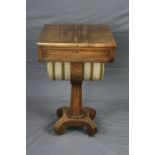 AN EARLY VICTORIAN ROSEWOOD WORK TABLE, the square top above a drawer and dummy drawer with deep