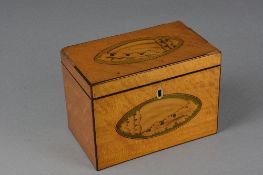 A GEORGE III SATINWOOD TEA CADDY, of rectangular form, inlaid shell paterae to lid and font, lacks