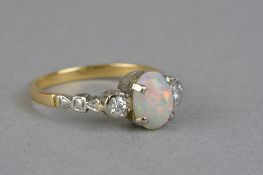 A MID 20TH CENTURY THREE STONE OPAL AND DIAMOND RING, estimated total Swiss cut diamond weight 0.