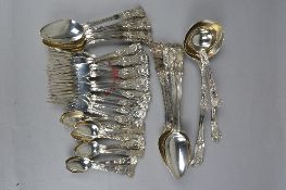 A MATCHED 19TH AND 20TH CENTURY SILVER PART CANTEEN OF KINGS PATTERN CUTLERY, comprising a soup