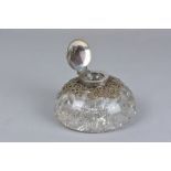 A LATE VICTORIAN DOMED GLASS INKWELL WITH SILVER MOUNTS, circular cover enclosing a clear glass