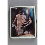 AN EDWARDIAN SILVER AND ENAMEL CIGARETTE CASE, of rectangular form, the cover painted with a