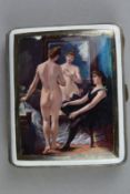AN EDWARDIAN SILVER AND ENAMEL CIGARETTE CASE, of rectangular form, the cover painted with a
