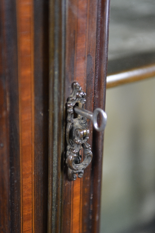 AN EDWARDIAN MAHOGANY AND INLAID DISPLAY CABINET, of triangular form, the cornice with central - Bild 3 aus 7